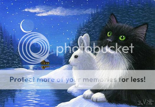 Tuxedo Cat Bunny Winter Snow Crescent Moon Lake Original ACEO Painting