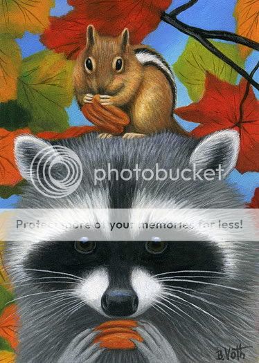   Chipmunk pecans fall autumn wildlife limited edition aceo print art