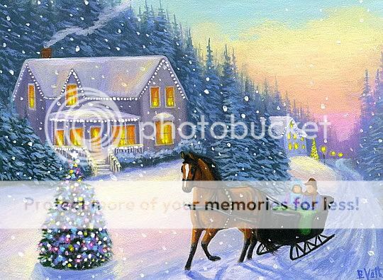 Horse Sleigh House Christmas Tree Winter Snow Landscape Original ACEO 